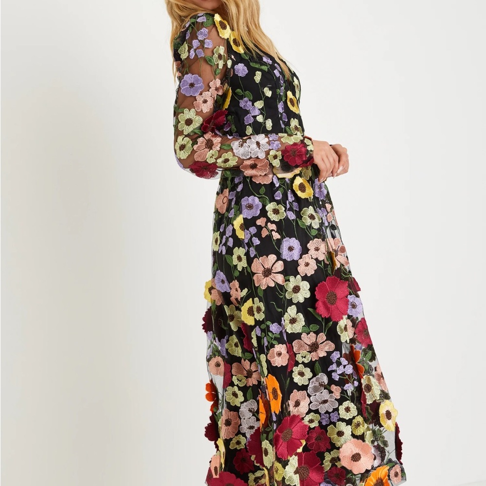 Lulu's Black Long Sleeve Floral Embroidered Maxi Dress